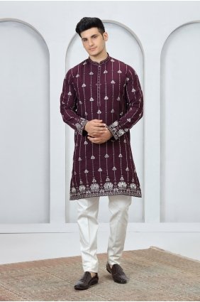 Embroidered Art silk Men Kurta in Magenta with Dupatta KURR639