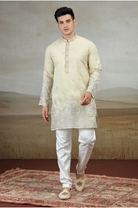 Art silk Beige Men Kurta in Embroidered KURR630