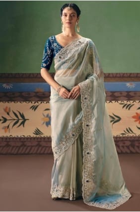 Blue Sequins,stone with moti Saree in Art silk SR29702