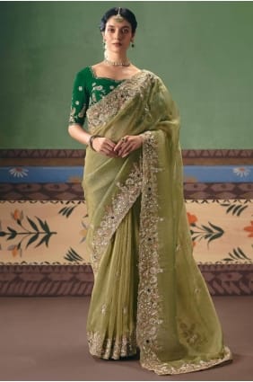 Pista Sequins,stone with moti Saree in Art silk SR29696