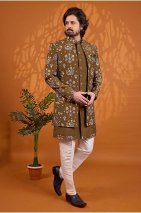Mehendi Art silk Thread Sherwani with Jacket KURR285