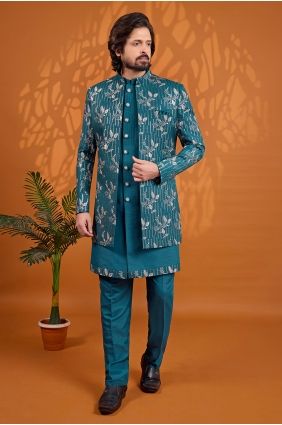 Thread Art silk Sherwani in Teal green KURR280