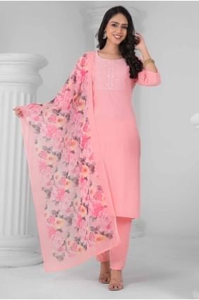 Baby pink  Straight Pant Suit in Rayon with Lace border SK155586