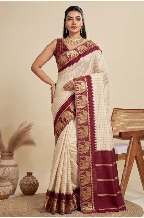 Banarasi raw silk Zari Cream Saree with Blouse SR30152