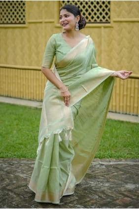 Pista Saree in Zari Banarasi raw silk SR29252