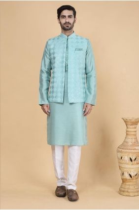 Sea green Embroidered Banarasi silk Men Kurta KURR230