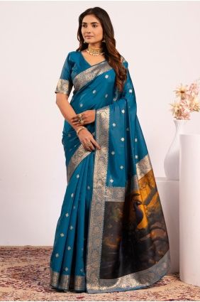 Firozi Resham,zari Banarasi silk Saree SR29776