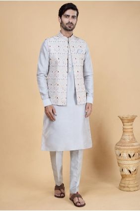 Men Kurta in Grey Banarasi silk with Embroidered KURR234