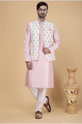 Embroidered Banarasi silk Men Kurta in Pink with Dupatta KURR228