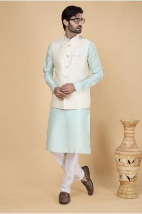 Banarasi silk Sea green Men Kurta in Embroidered KURR237