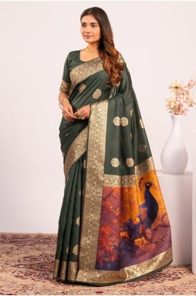 Green Banarasi silk Saree with Resham,zari SR29448