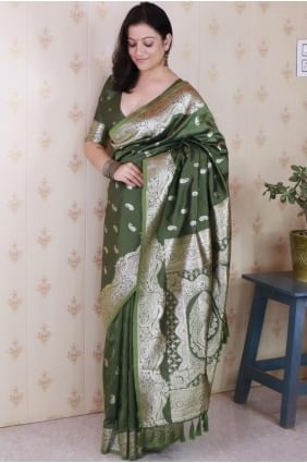 Weaving Saree in Mahendi Banarasi silk SR28965
