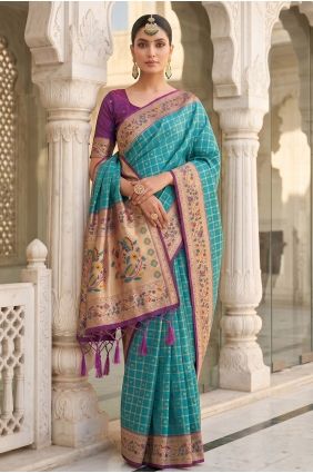 Weaving Banarasi silk Turquoise Saree with Blouse SR29988