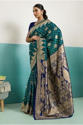 Banarasi silk Saree with Zari in Teal SR29728