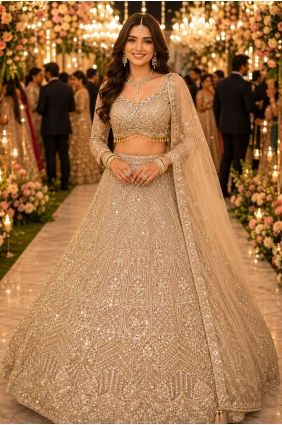 Beige Lehenga Choli with Beads Net LC9054