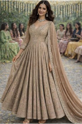 Georgette Embroidered Beige Anarkali Suit with Dupatta AS4288