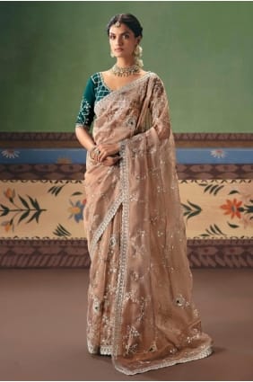 Saree in Beige Art silk with Sequins,stone with moti SR29700
