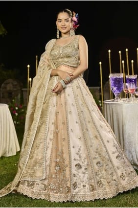 Satin Beige Lehenga Choli in Embroidered LC8747
