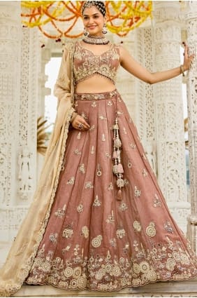 Beige Lehenga Choli in Embroidered Satin LC8726
