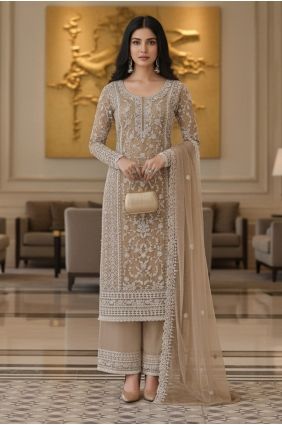 Embroidered Net Beige Palazzo Suit with Dupatta PZ4471