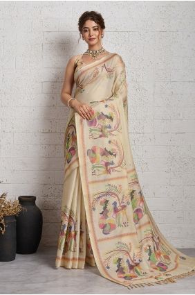 Zari Linen Saree in Beige SR30167