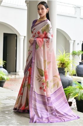 Satin Beige Saree in Zari,printed SR29771