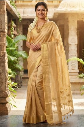 Beige Silk Saree with Zari Print Design SR29877