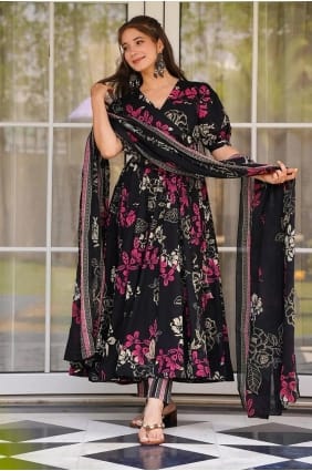 Black Digital print Anarkali Suit in Muslin AS4151