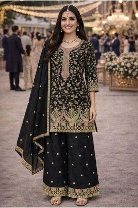Black Palazzo Suit in Embroidered Chinon chiffon PZ4389