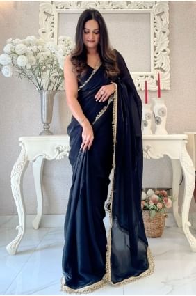 Black  Saree in Satin With  Lace SR28372