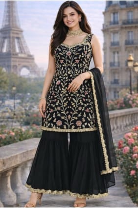 Embroidered Sharara Suit in Black Georgette SS1307