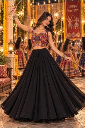 Georgette Lehenga Choli with Plain in Black LC9299