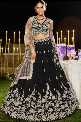 Black Satin Embroidered Lehenga Choli with Dupatta LC8728