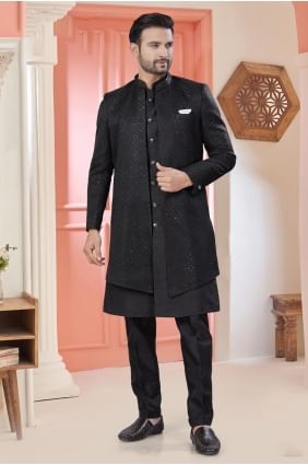 Black Men Kurta in Embroidered Art silk KURR432