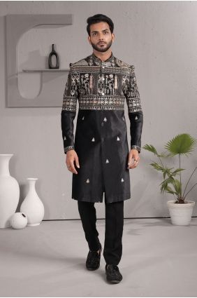 Embroidered Men Kurta in Black Velvet KURR245