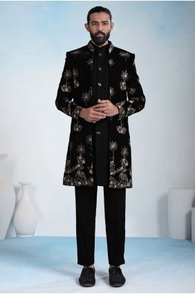 Velvet Men Kurta with Embroidered in Black KURR247