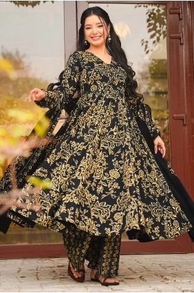 Printed Muslin Black Palazzo Suit with Dupatta PZ4452