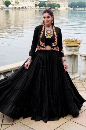 Party Lehenga Choli in Black Rayon with Mirror LC9069