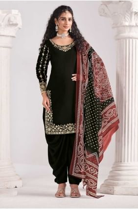 Black Printed Silk Patiala Suit PS2439