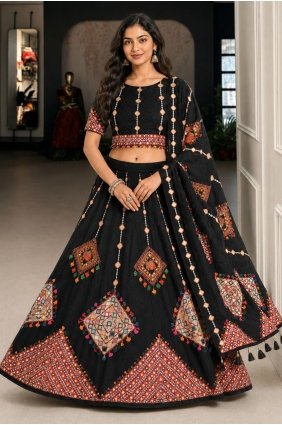 Printed Lehenga Choli in Black Cotton LC9263