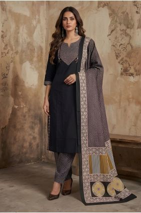 Printed Salwar Kameez in Black Cotton SK159105
