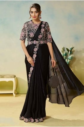 Black Saree in Satin with Hand SR29173