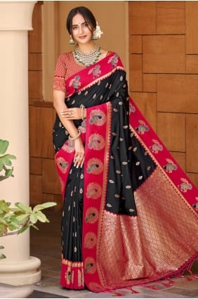 Weaving Silk Black Saree with Blouse SR29489