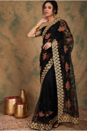 Black Saree in Embroidered Net SR29275