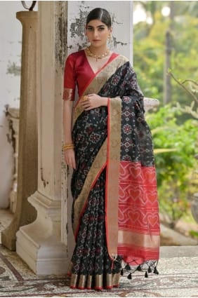 Raw silk Black Saree in Resham Work SR29243