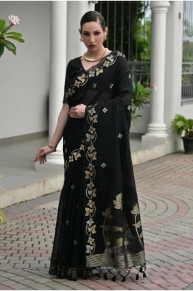 Black Zari Linen Saree SR29600
