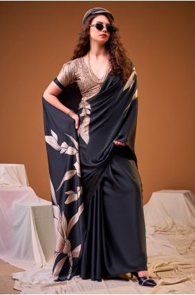 Black Satin Saree with Printed SR29933