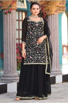 Georgette Sharara Suit in Black with Embroidered SS1281