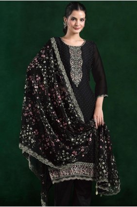 Black Embroidered Straight Pant Suit in Chiffon SK159230