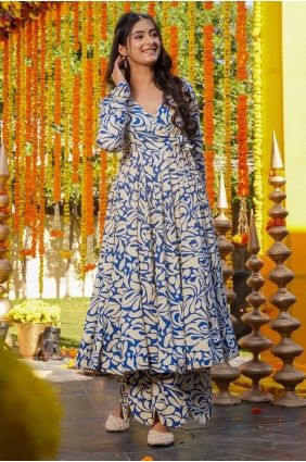 Printed Anarkali Suit in Blue Cotton AS4297
